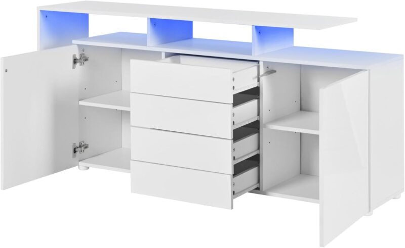 Buffet avec LED, Meuble de Salon Blanc Brillant
