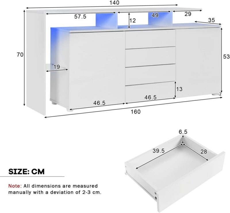 Buffet avec LED, Meuble de Salon Blanc Brillant – Image 5