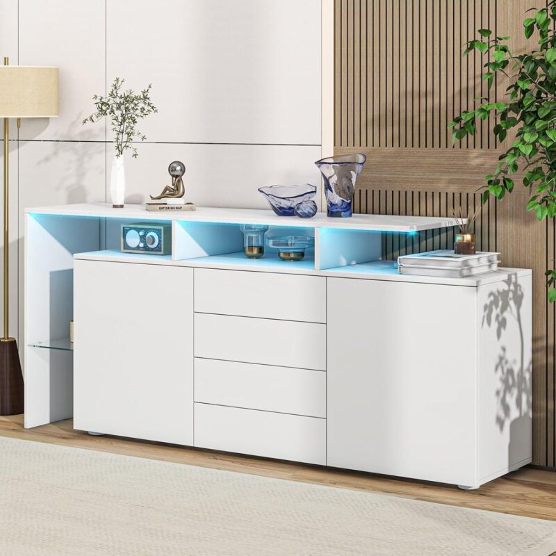 Buffet avec LED, Meuble de Salon Blanc Brillant – Image 10