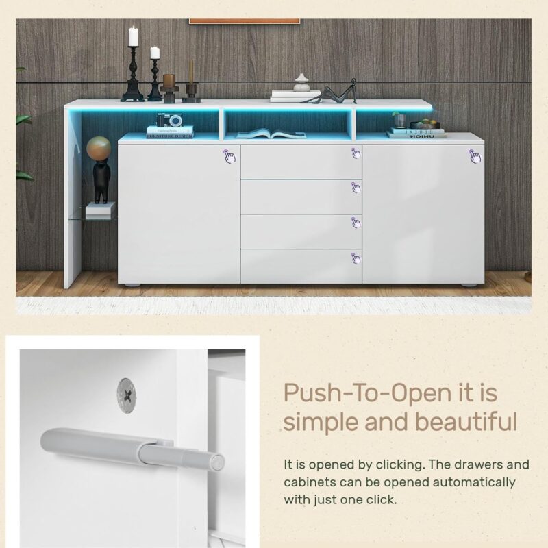 Buffet avec LED, Meuble de Salon Blanc Brillant – Image 6