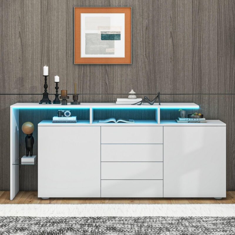 Buffet avec LED, Meuble de Salon Blanc Brillant – Image 8