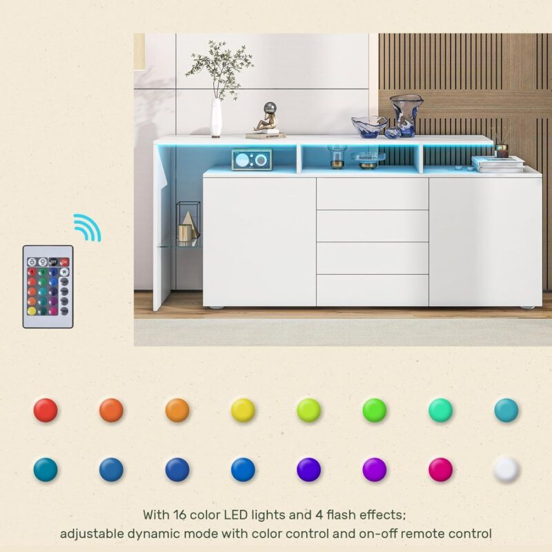 Buffet avec LED, Meuble de Salon Blanc Brillant – Image 7