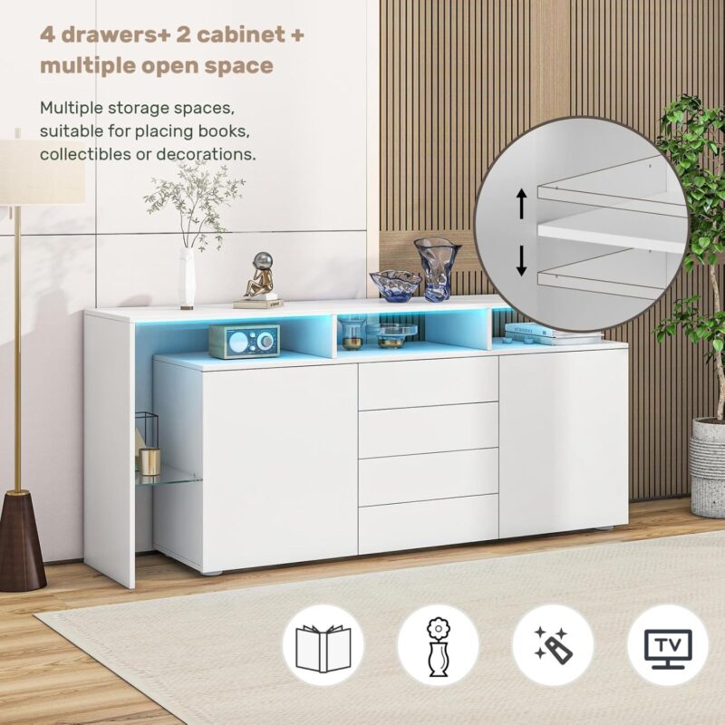 Buffet avec LED, Meuble de Salon Blanc Brillant – Image 9