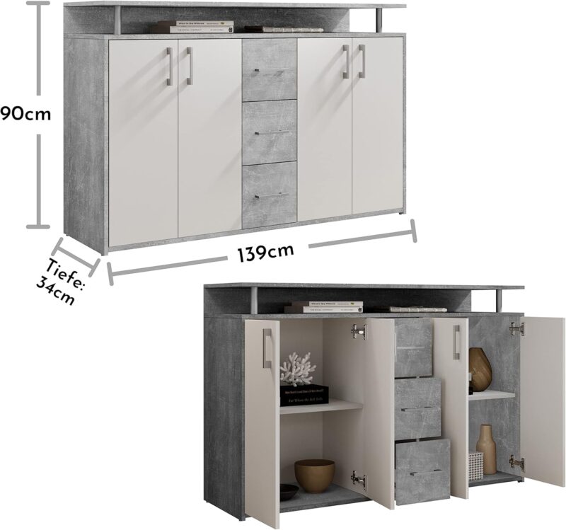 Buffet avec étagère en aspect béton, blanc – Image 3
