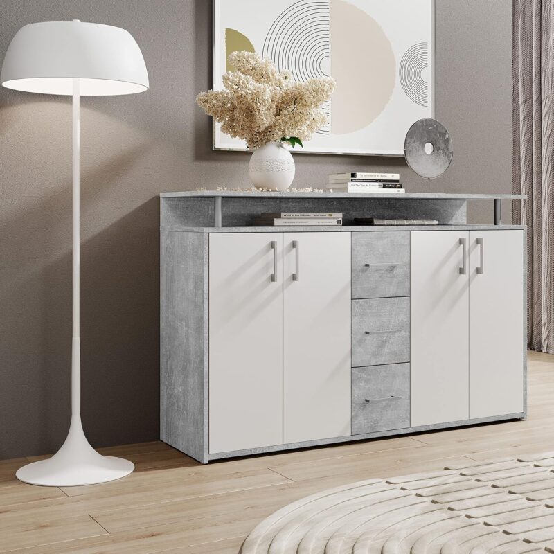 Buffet avec étagère en aspect béton, blanc – Image 7