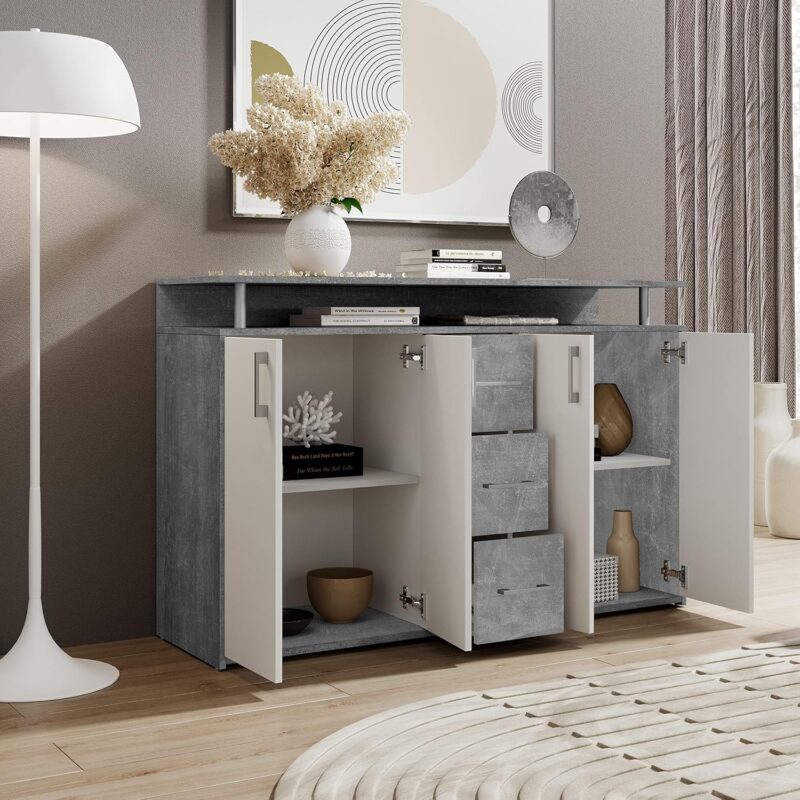 Buffet avec étagère en aspect béton, blanc – Image 8