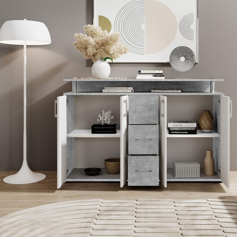 Buffet avec étagère en aspect béton, blanc – Image 6